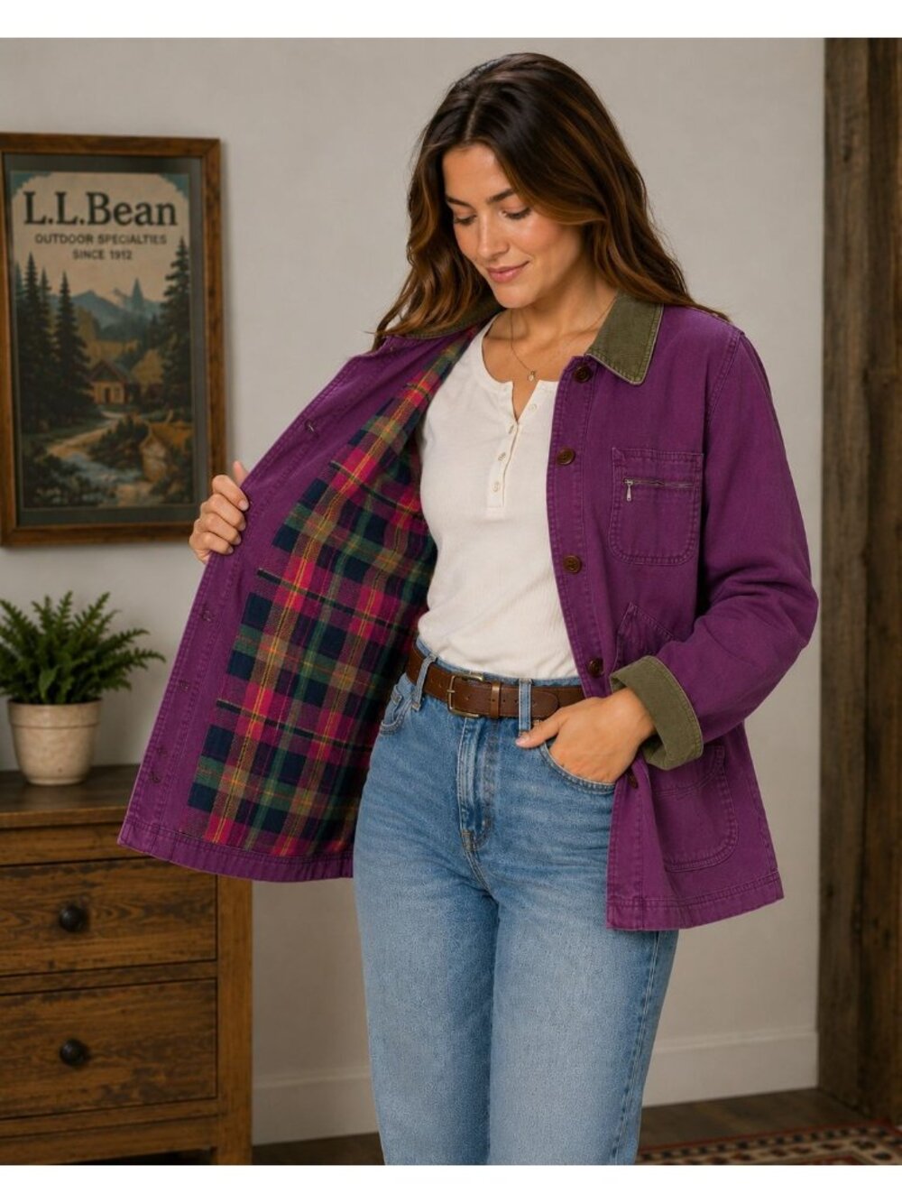 Vintage 90s L.L. Bean Womens Purple Plaid Lined Barn Field Canvas Chore Jacket S - Picture 2 of 11
